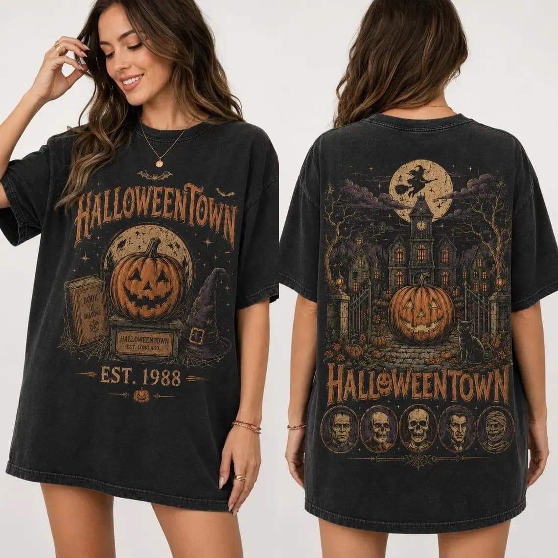 Halloweentown Est. 1988 Tee – Pepper, front and back