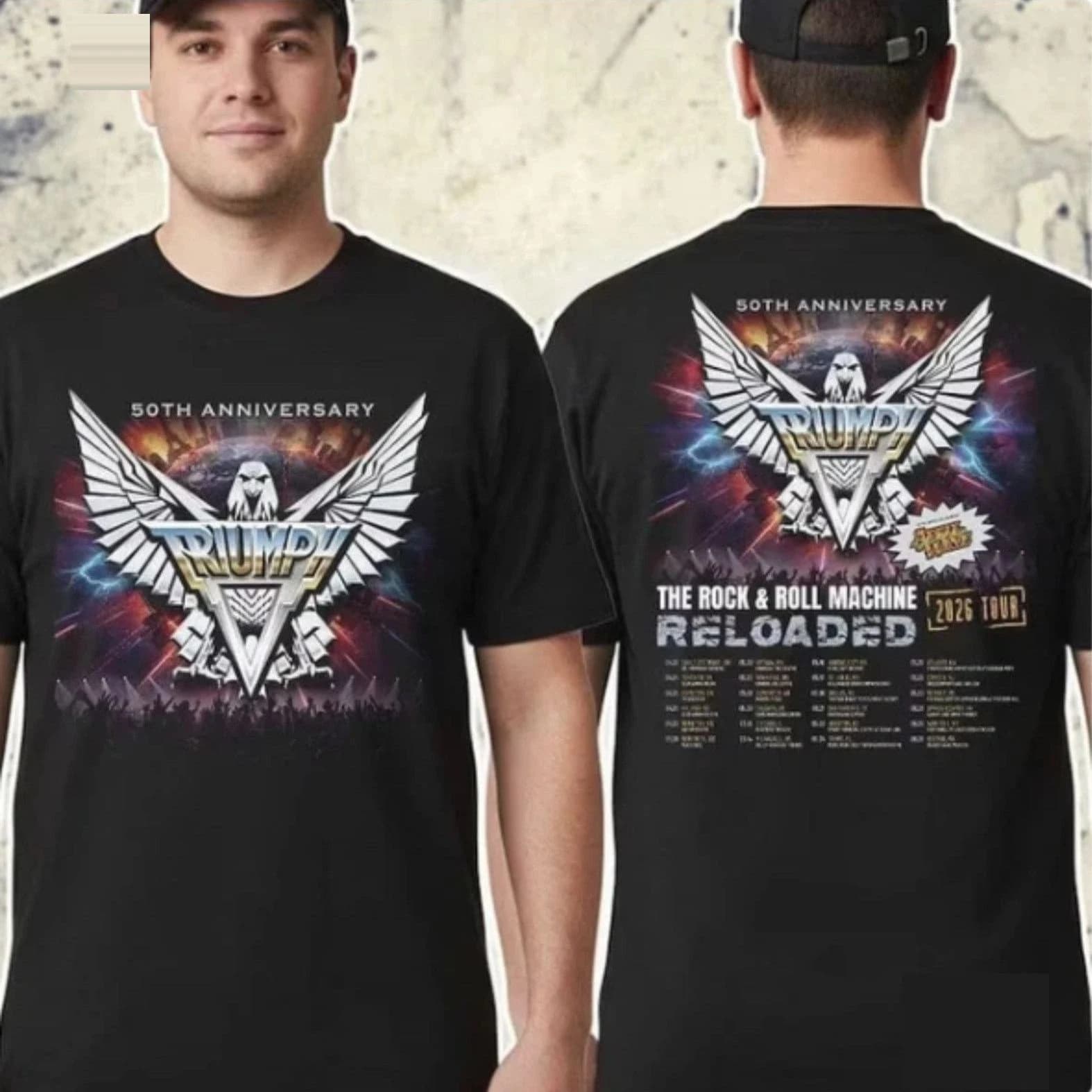 Triumph 50th Anniversary Tour Tee – Black, front and back