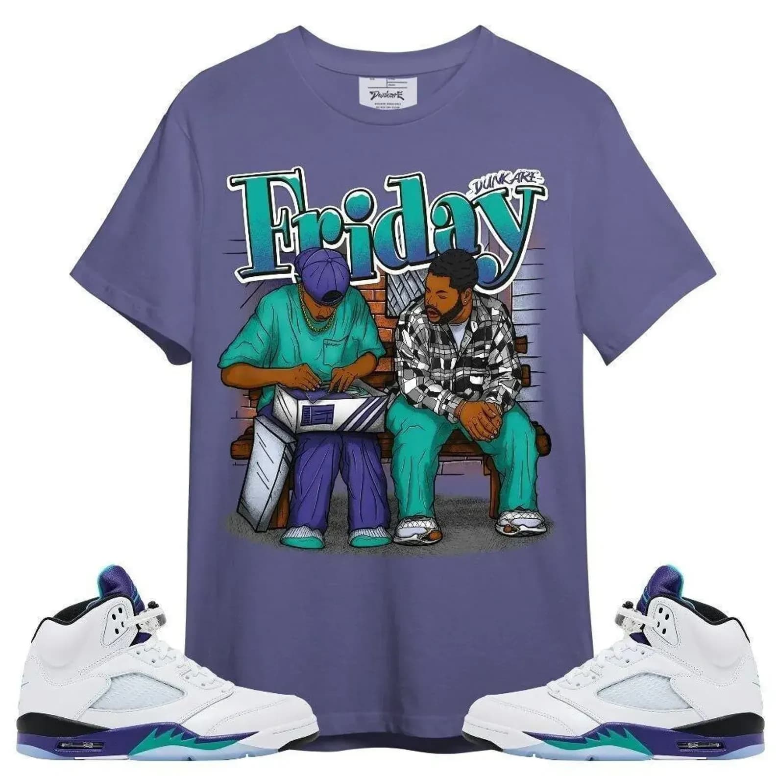 Friday Bench Tee – Purple, front, shown with the sneakers it matches
